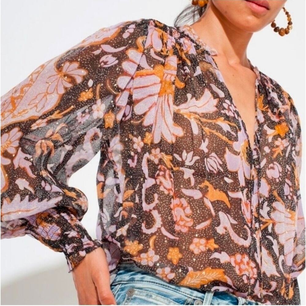 O.P.T. Sheer Wildflower Boho Long Balloon Sleeve Smocked Cuff Blouse Medium